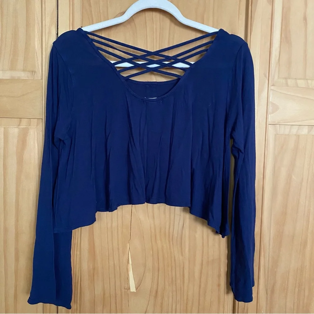 Anthropologie Navy Blue Button-Front Long-Sleeve Crop Top